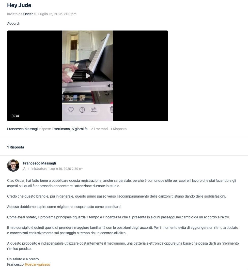 Esempio di registrazione e feedback nel Forum Academy