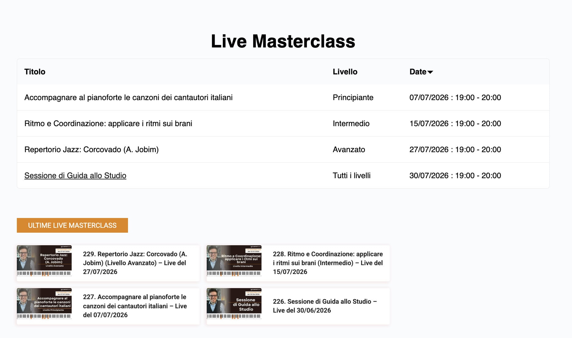Calendario e registrazioni delle Live Masterclass