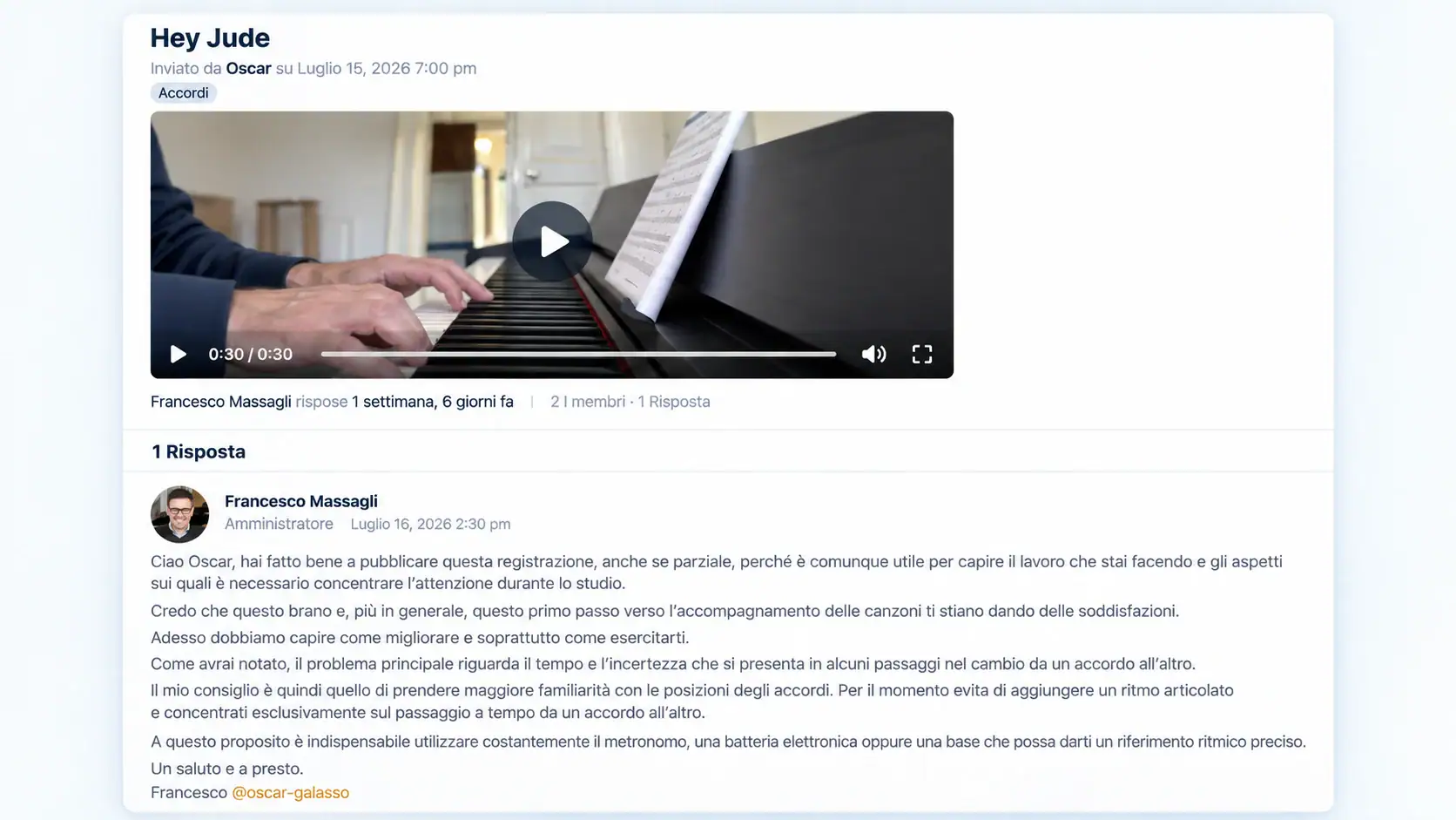 Feedback di Francesco a uno studente nell'Academy