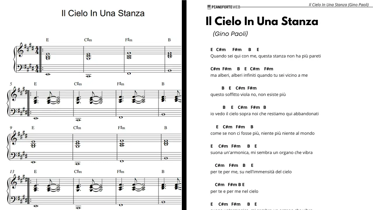 Spartito e testo con accordi de Il Cielo In Una Stanza