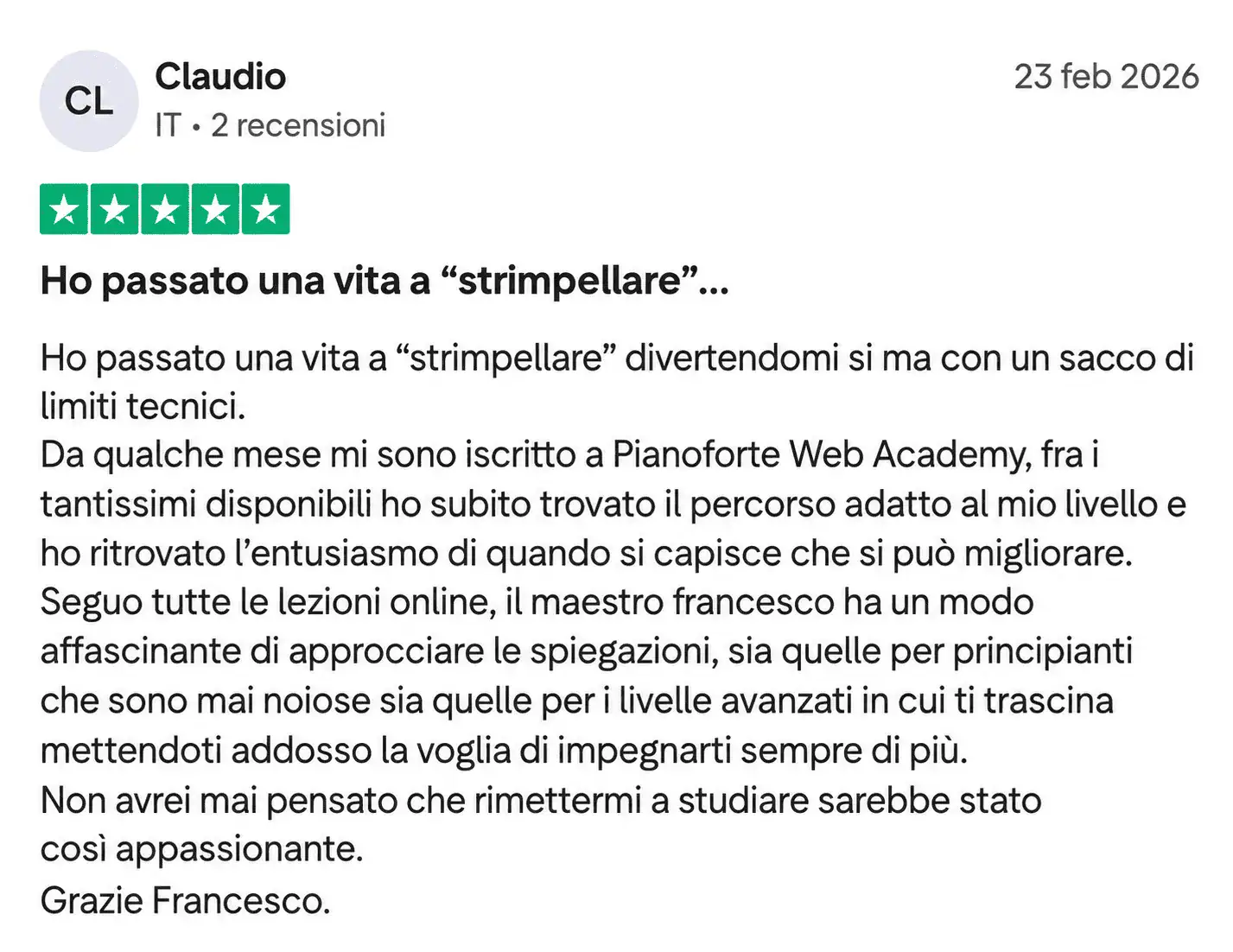 Recensione Trustpilot di Claudio Miello